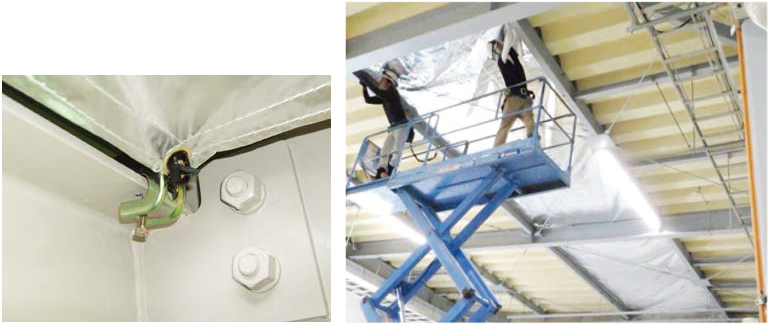 梁の内寸に合わせて特注のシートを作製し、吊下げ金具を使い施工します。